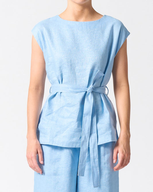 Image of a model wearing Tops. Productname: Walnut Melbourne Rhodes Top in Sky Blue colour by brand - Walnut Melbourne