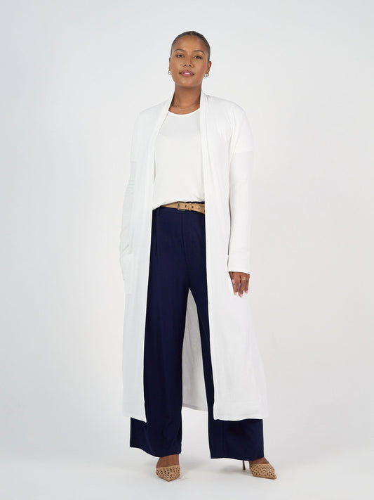 Image of Cardigans. Product name - Ribbed Bamboo Long-Line Pocket Cardigan Cream in Cream colour by brand - Lou Lou