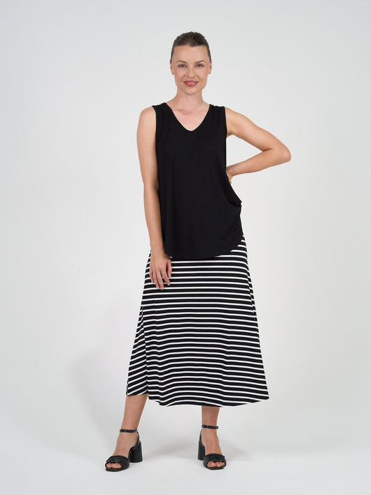 Image of a model wearing Skirts. Product name - Jackson Bamboo A-Line Maxi Skirt Black & White Stripe in Black & White Stripe colour by brand - Lou Lou