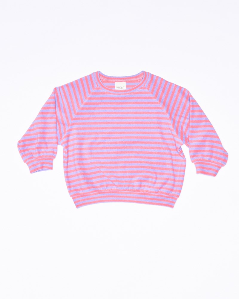 Image of a model wearing Outerwear. Productname: River Sweatshirt in Candy Stripe colour by brand - Walnut Melbourne