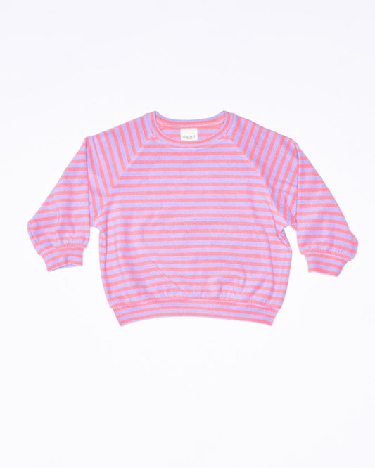 Image of a model wearing Outerwear. Productname: River Sweatshirt in Candy Stripe colour by brand - Walnut Melbourne