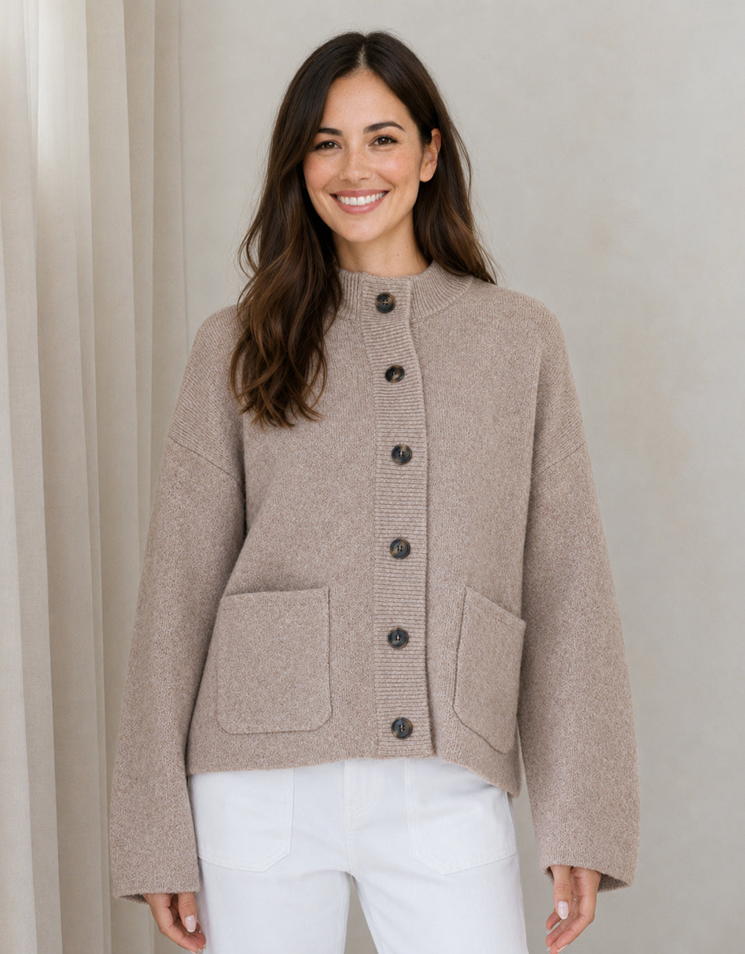 Image of a model wearing Outerwear. Product name - Romy Wool Blend Funnel Neck Cardigan Warm Beige in Warm Beige colour by brand - 132 Fashion