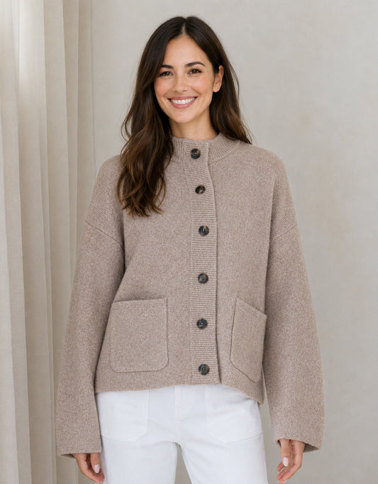 Image of a model wearing Outerwear. Product name - Romy Wool Blend Funnel Neck Cardigan Warm Beige in Warm Beige colour by brand - 132 Fashion