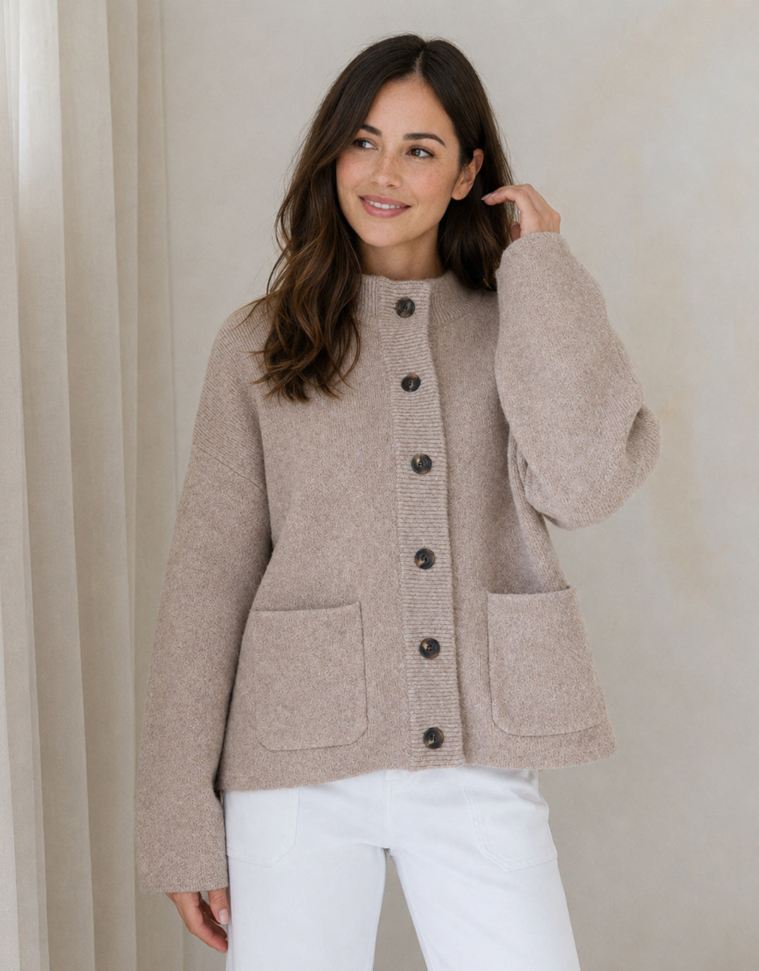 132 Fashion Romy Wool Blend Funnel Neck Cardigan (Warm Beige)