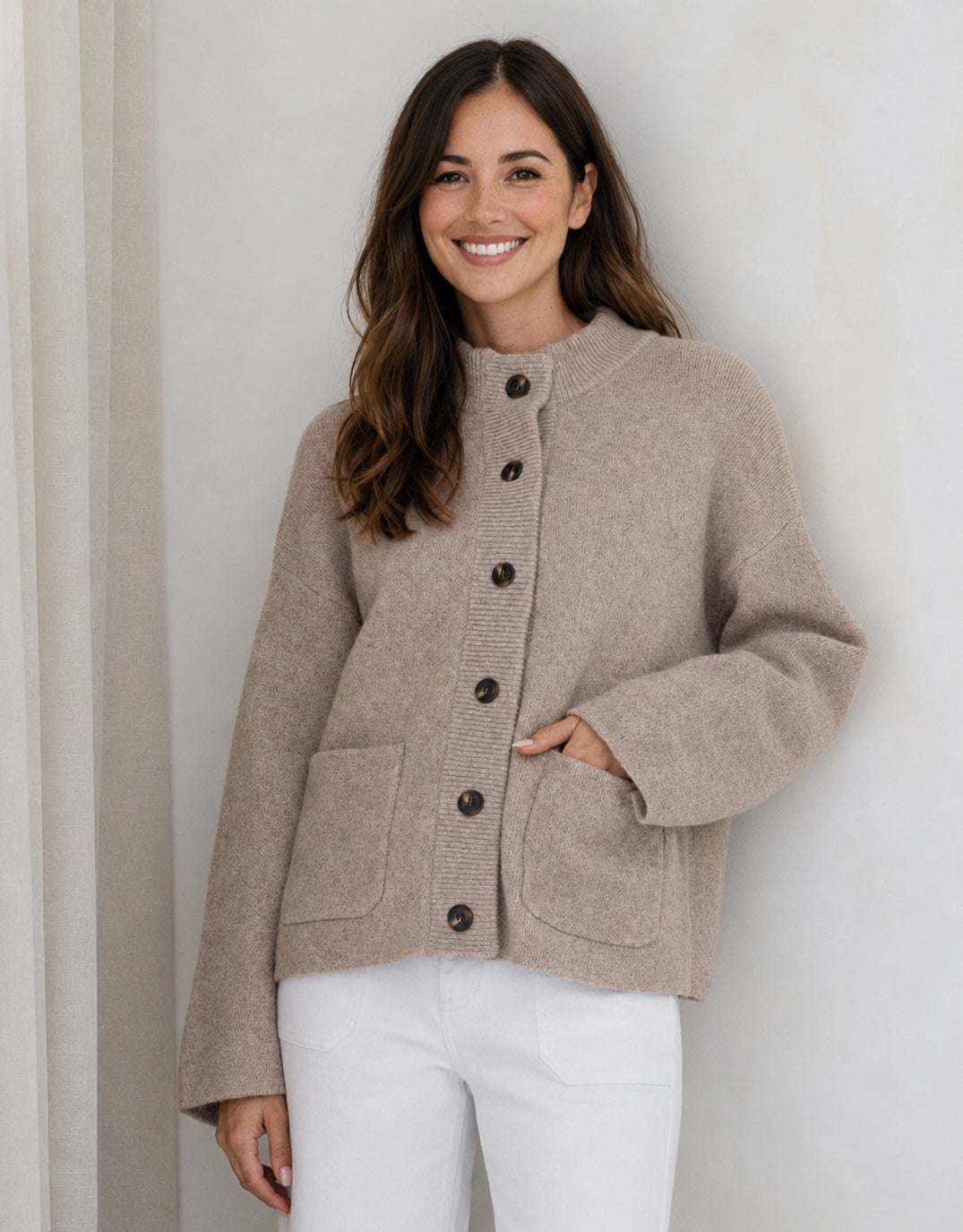 132 Fashion Romy Wool Blend Funnel Neck Cardigan (Warm Beige)