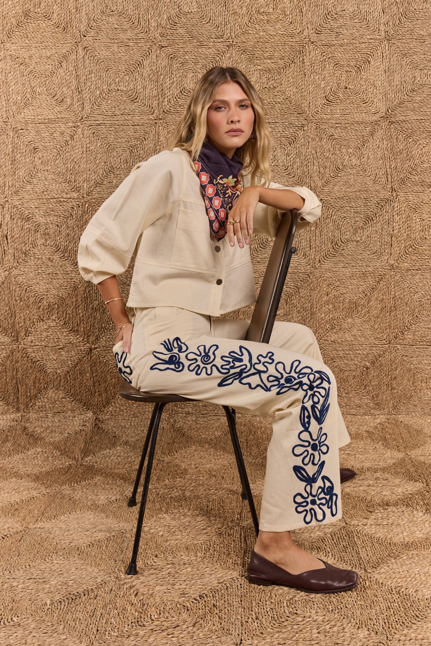 Image of Jeans. Product name - Rubyyaya Carmi Floral Embroidered Jean Natural in Red colour by brand - Rubyyaya