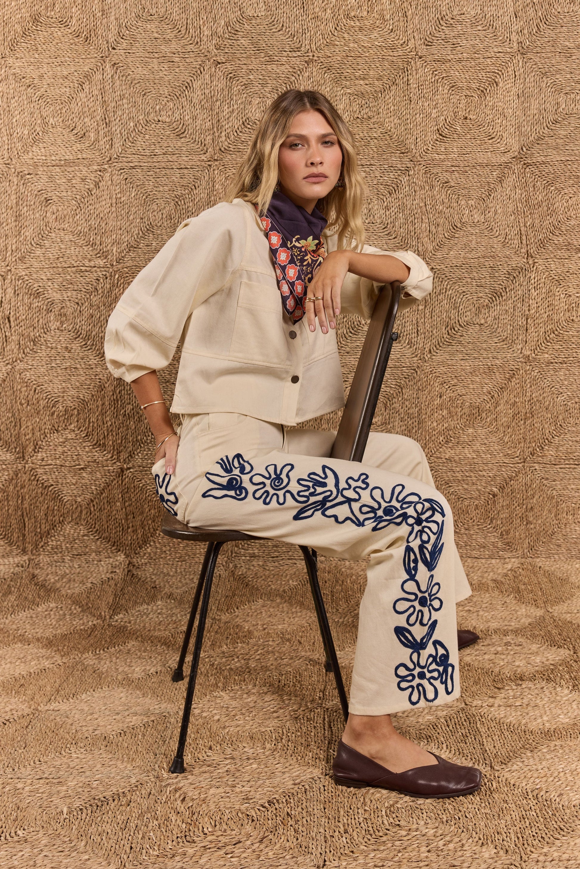 Image of Jeans. Product name - Rubyyaya Carmi Floral Embroidered Jean Natural in Red colour by brand - Rubyyaya