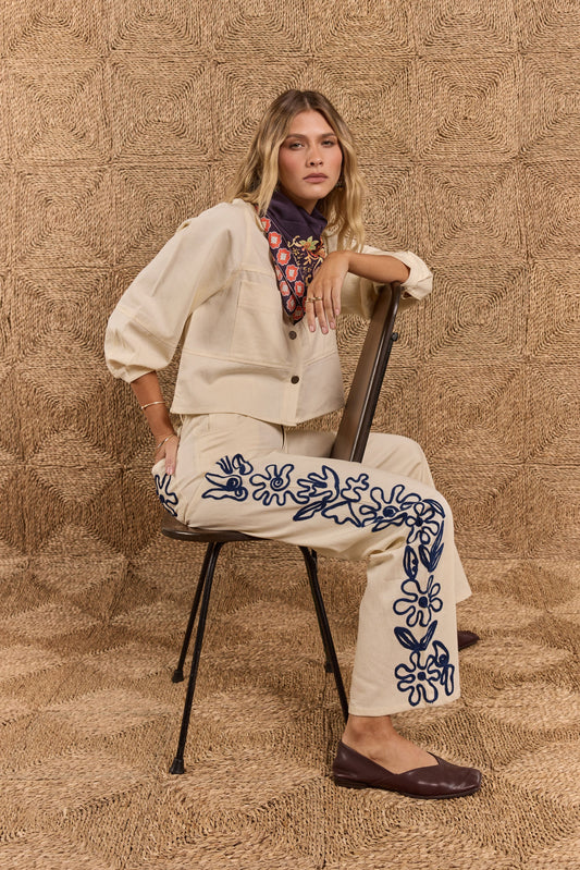 Image of Jeans. Product name - Rubyyaya Carmi Floral Embroidered Jean Natural in Red colour by brand - Rubyyaya