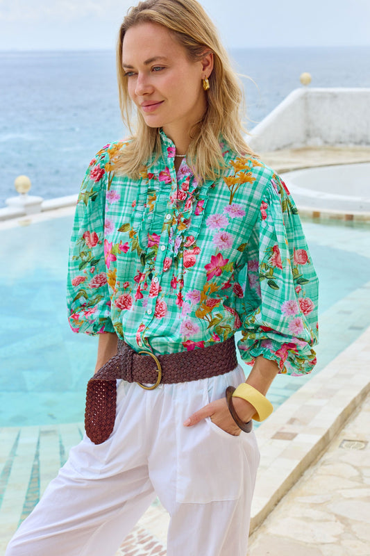 Image of a model wearing Tops. Product name - Rubyyaya Sunshine Top Mint in Mint colour by brand - Rubyyaya