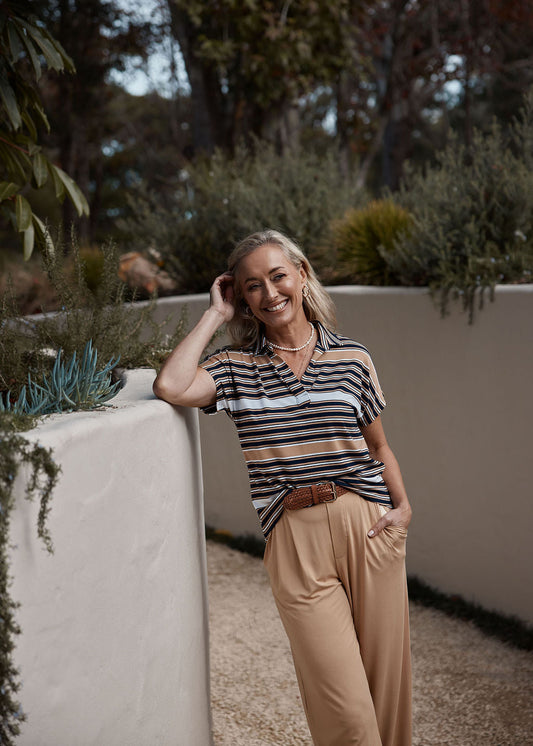 Lou Lou Rush Bamboo Short Sleeve Collared Polo Top (Stripe)
