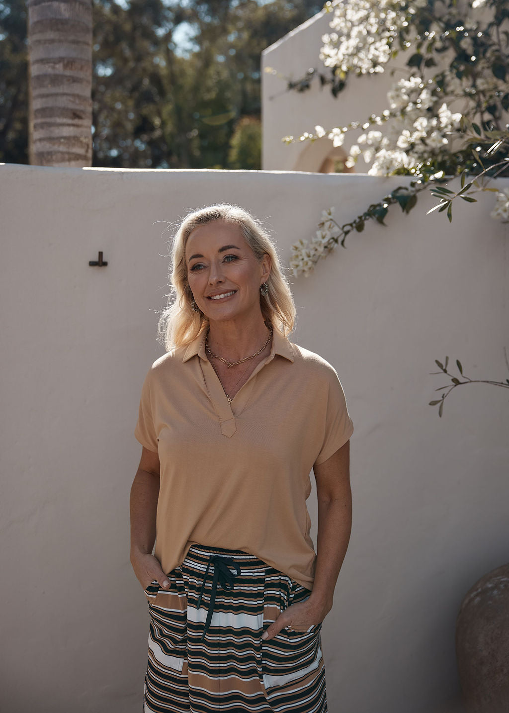Lou Lou Rush Bamboo Short Sleeve Collared Polo Top (Tan)