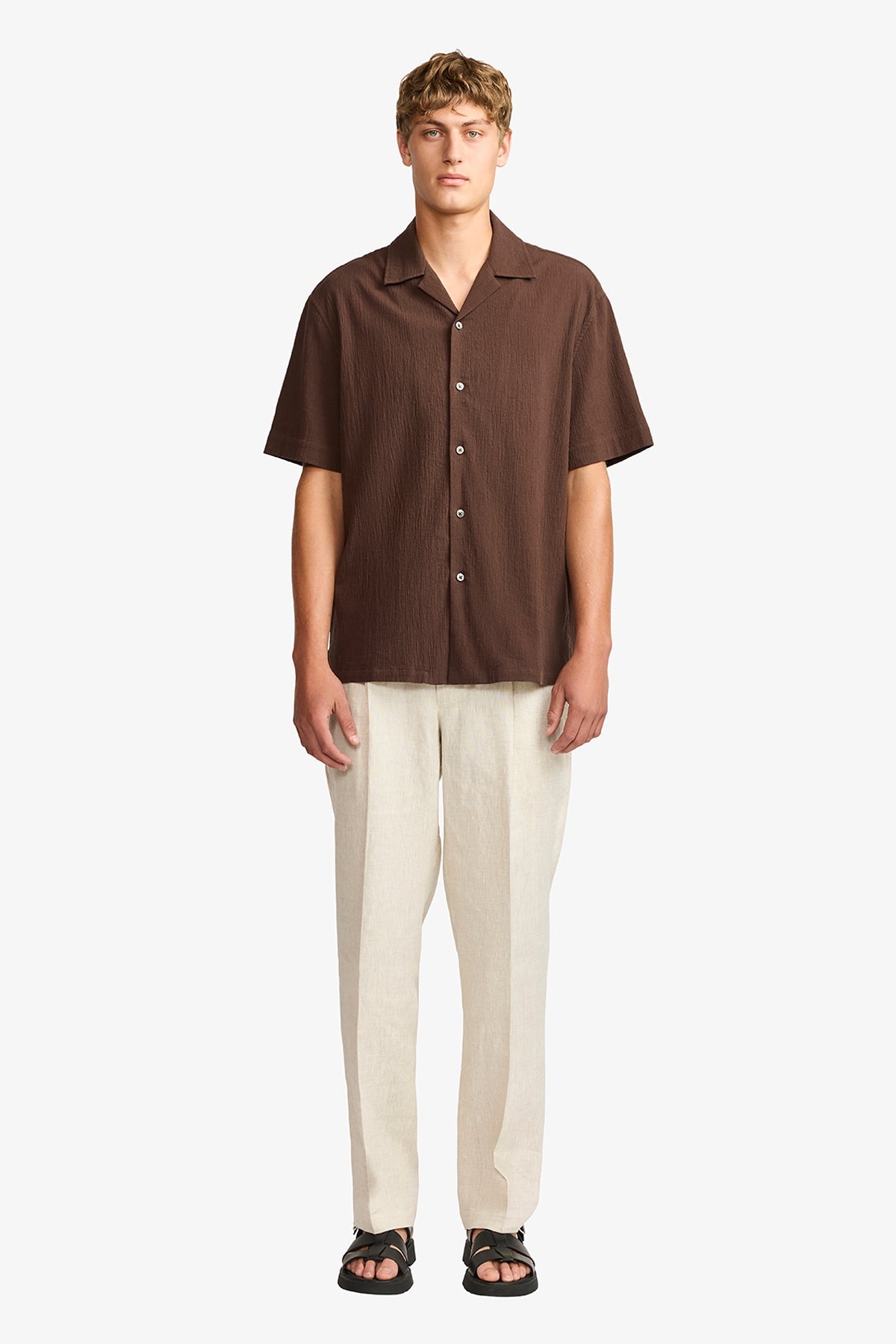 Image of a model wearing Tops. Productname: Anthony Squires Brown seersucker S/S shirt in Brown colour by brand - Anthony Squires