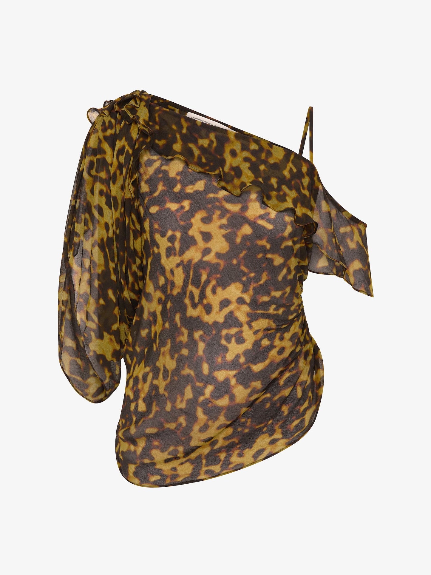 Image of a model wearing Tops. Productname: CHRISTOPHER ESBER Roule Trimmed Silk Drape Top in Tortoiseshell colour by brand - CHRISTOPHER ESBER