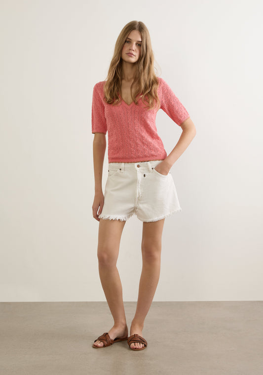 Image of a model wearing Outerwear. Productname: Auguste The Label Jude Knit Tee in Pink colour by brand - Auguste The Label