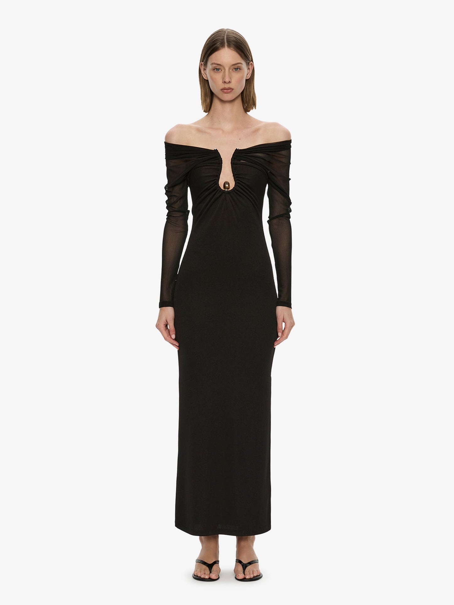 Image of Dresses. Product name - Orbit Ruched Sheer Rib Column Dress in Black colour by brand - CHRISTOPHER ESBER