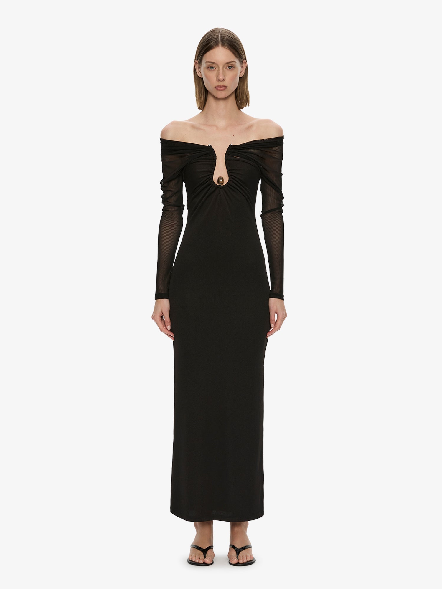 Image of Dresses. Product name - Orbit Ruched Sheer Rib Column Dress in Black colour by brand - CHRISTOPHER ESBER
