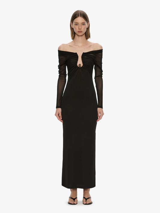 Image of Dresses. Product name - Orbit Ruched Sheer Rib Column Dress in Black colour by brand - CHRISTOPHER ESBER