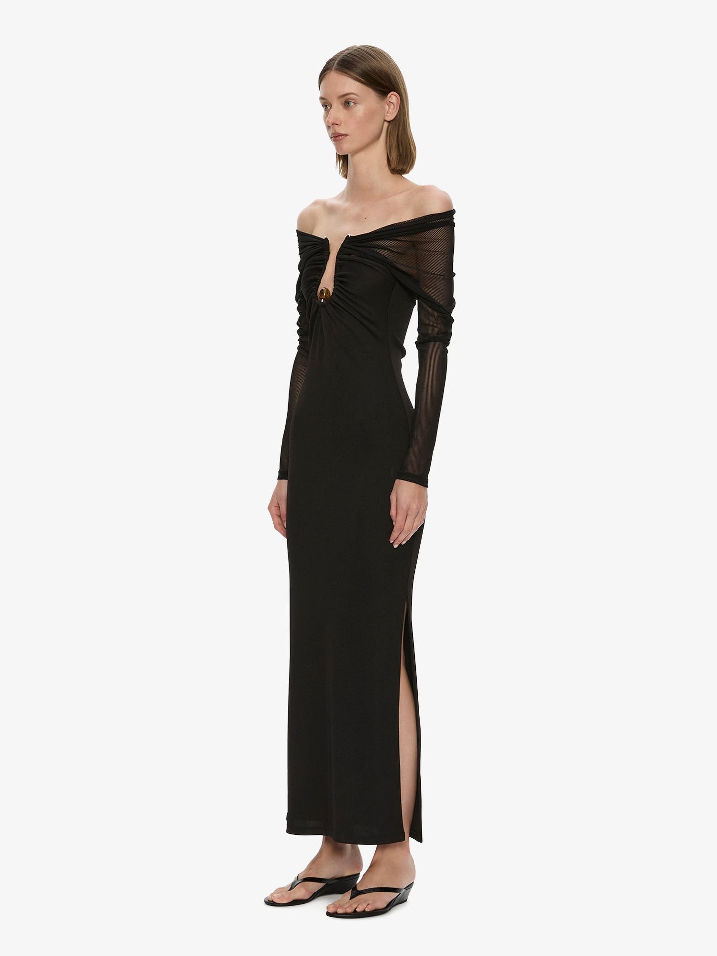 CHRISTOPHER ESBER Orbit Ruched Sheer Rib Column Dress (Black)