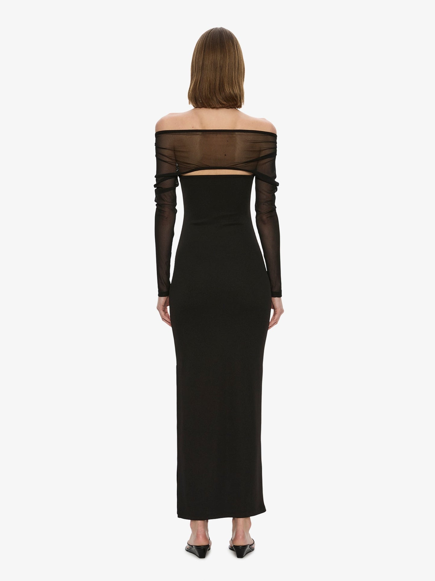 CHRISTOPHER ESBER Orbit Ruched Sheer Rib Column Dress (Black)
