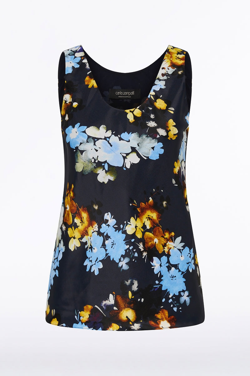 Carla Zampatti Midnight Botanica Viscose Twill Scoop Neck Cami (Navy)