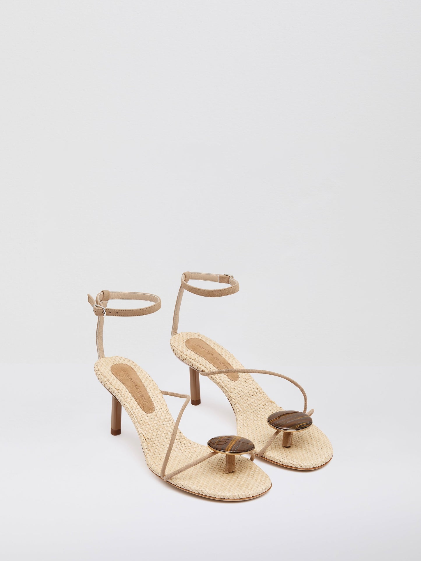 Image of Heels. Productname: Christopher Esber Doma Stoned Raffia Heel in Eye colour by brand - Christopher Esber