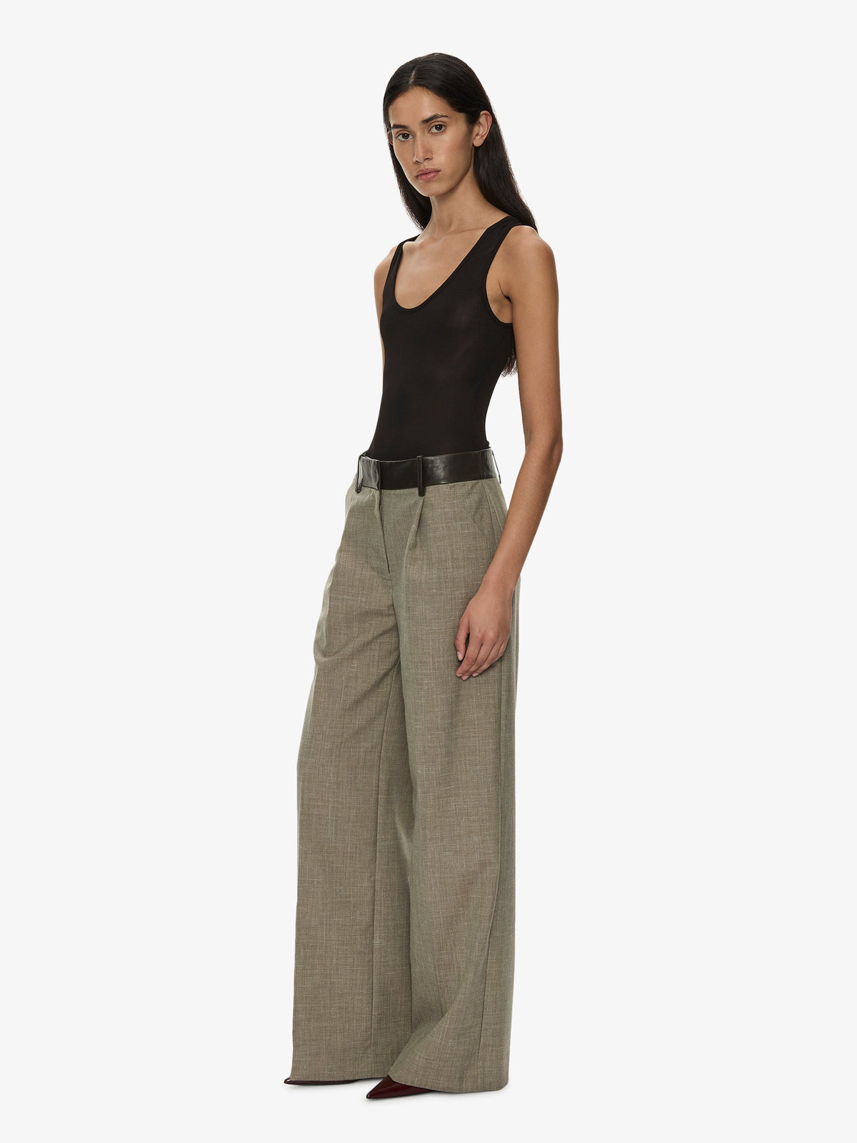 CHRISTOPHER ESBER Tropical Wool Leather Waisted Trouser (Kombu)