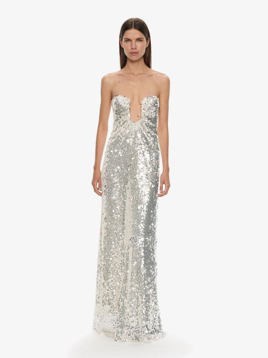 Image of Dresses. Productname: CHRISTOPHER ESBER Opaline Arced Palm Strapless Dress in Silver colour by brand - CHRISTOPHER ESBER