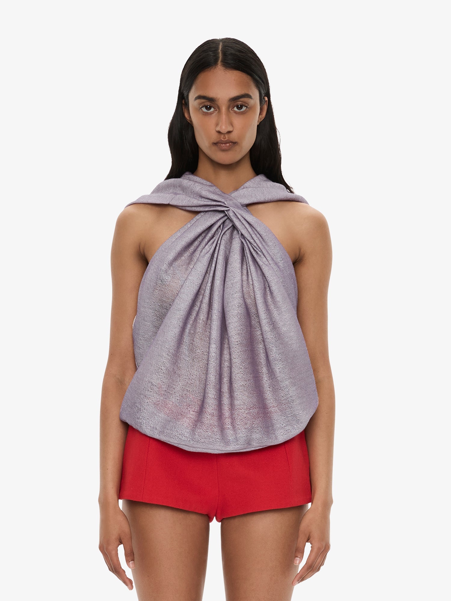Image of a model wearing Tops. Product name - Piled Hooded Top in Lilac colour by brand - CHRISTOPHER ESBER
