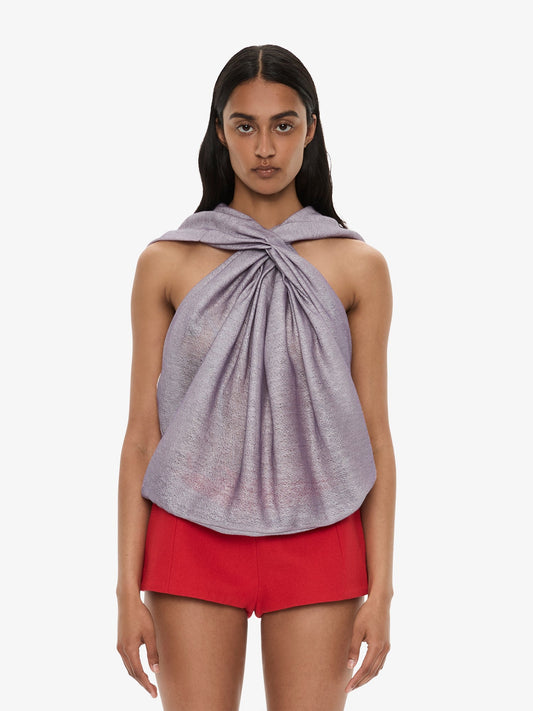 Image of a model wearing Tops. Product name - Piled Hooded Top in Lilac colour by brand - CHRISTOPHER ESBER