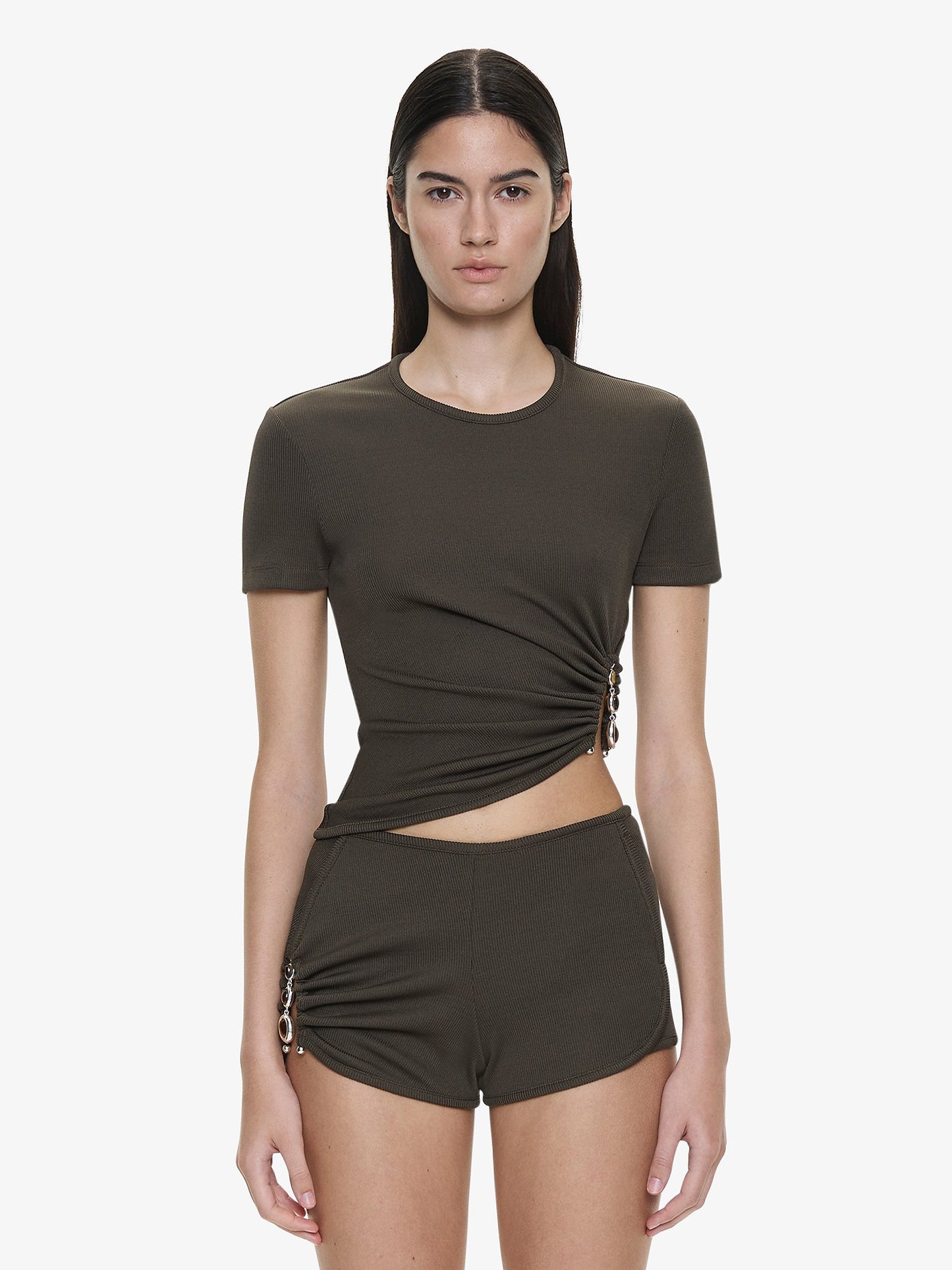 Image of T-Shirts. Productname: Droplet Crystal Ruched Tee in Husk colour by brand - CHRISTOPHER ESBER