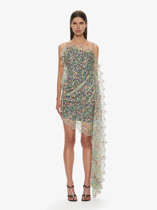 Image of Dresses. Productname: CHRISTOPHER ESBER Hand Painted Draped Lace Mini Dress in Multi colour by brand - CHRISTOPHER ESBER