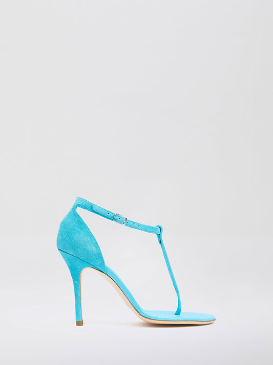 Image of Sandals. Product name - Billi T Bar Suede Sandal in Teal colour by brand - Christopher Esber