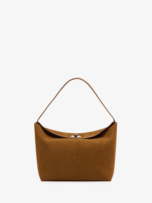 Image of Bags. Productname: Christopher Esber Turnlock Suede Shoulder Bag in Russet colour by brand - Christopher Esber