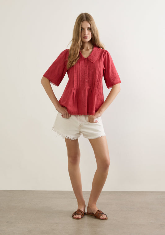 Image of a model wearing Tops. Productname: Auguste The Label Lennon Blouse in Red colour by brand - Auguste The Label