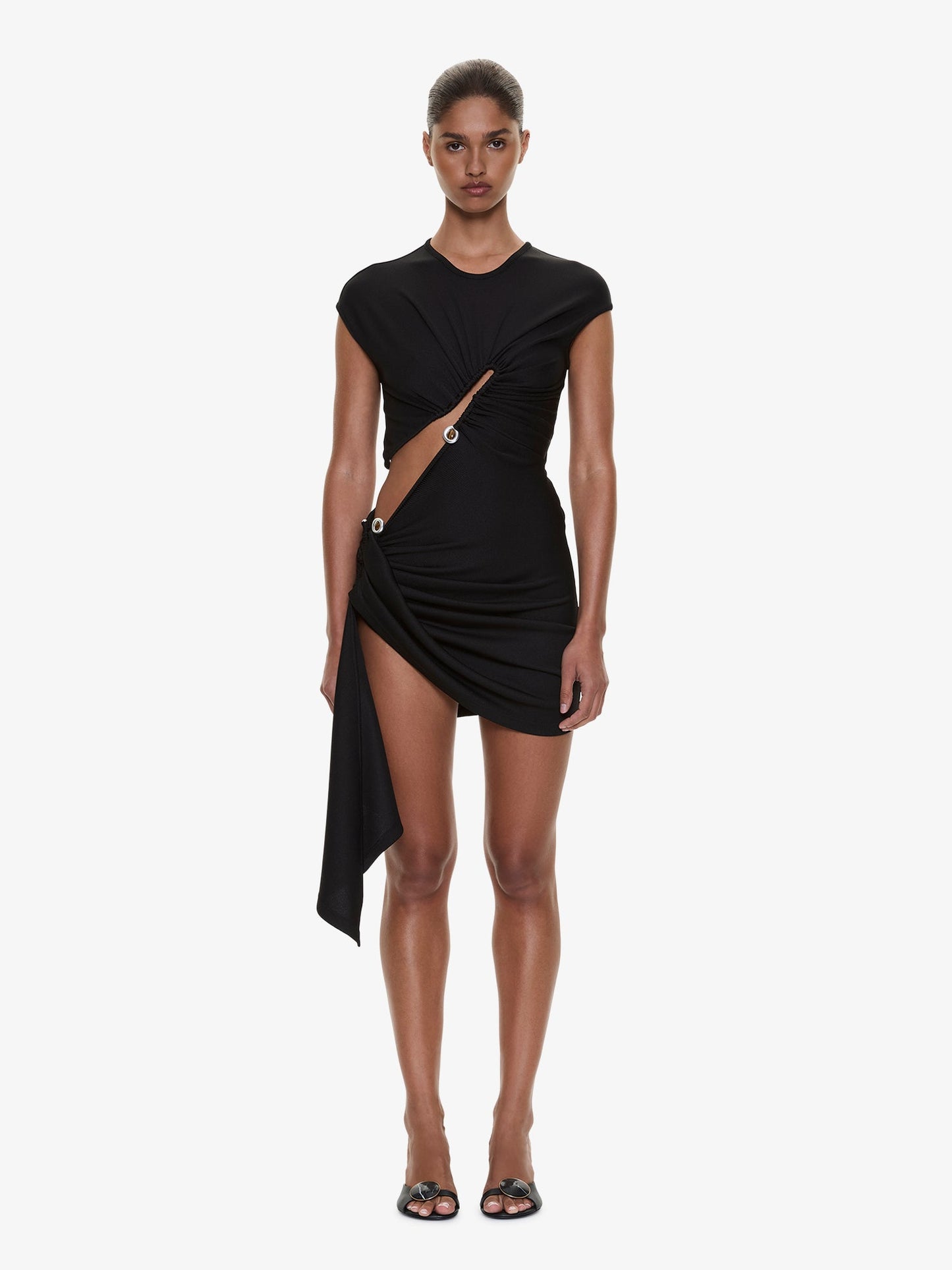 Image of Dresses. Product name - Droplet Crystal Clasp Draped Tank Dress in Black colour by brand - CHRISTOPHER ESBER