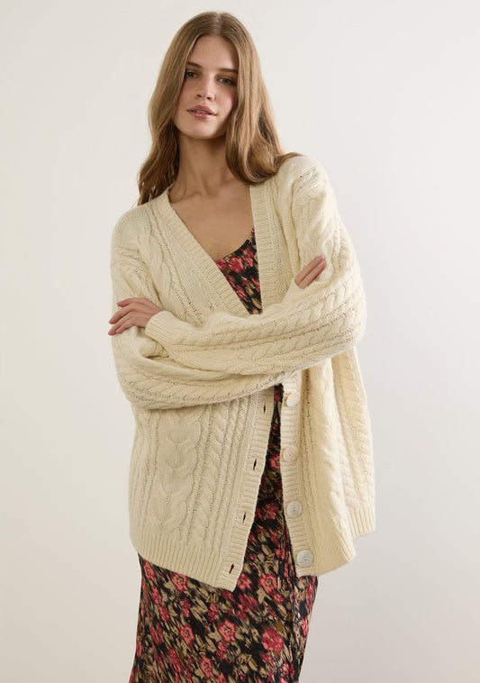 Image of a model wearing Outerwear. Productname: Auguste The Label Zoya Cardigan in Print colour by brand - Auguste The Label