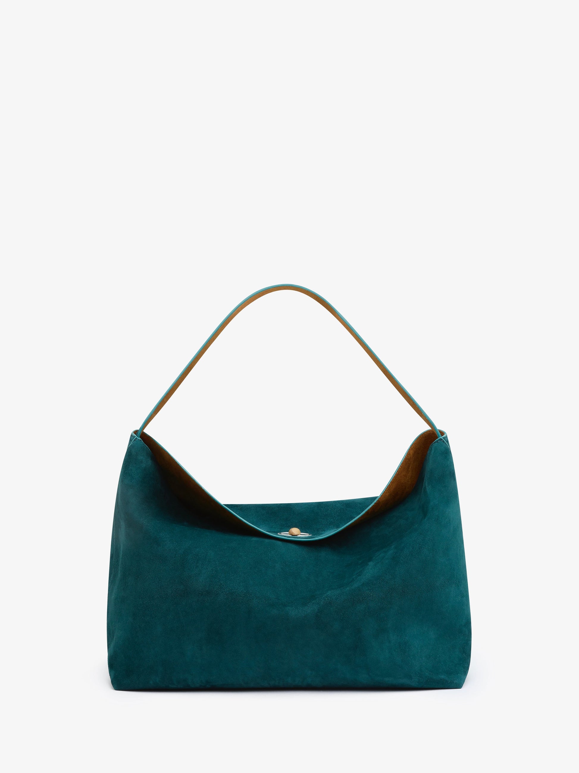 Image of Bags. Productname: CHRISTOPHER ESBER Turnlock Suede Grande Shoulder Bag in Tan colour by brand - CHRISTOPHER ESBER