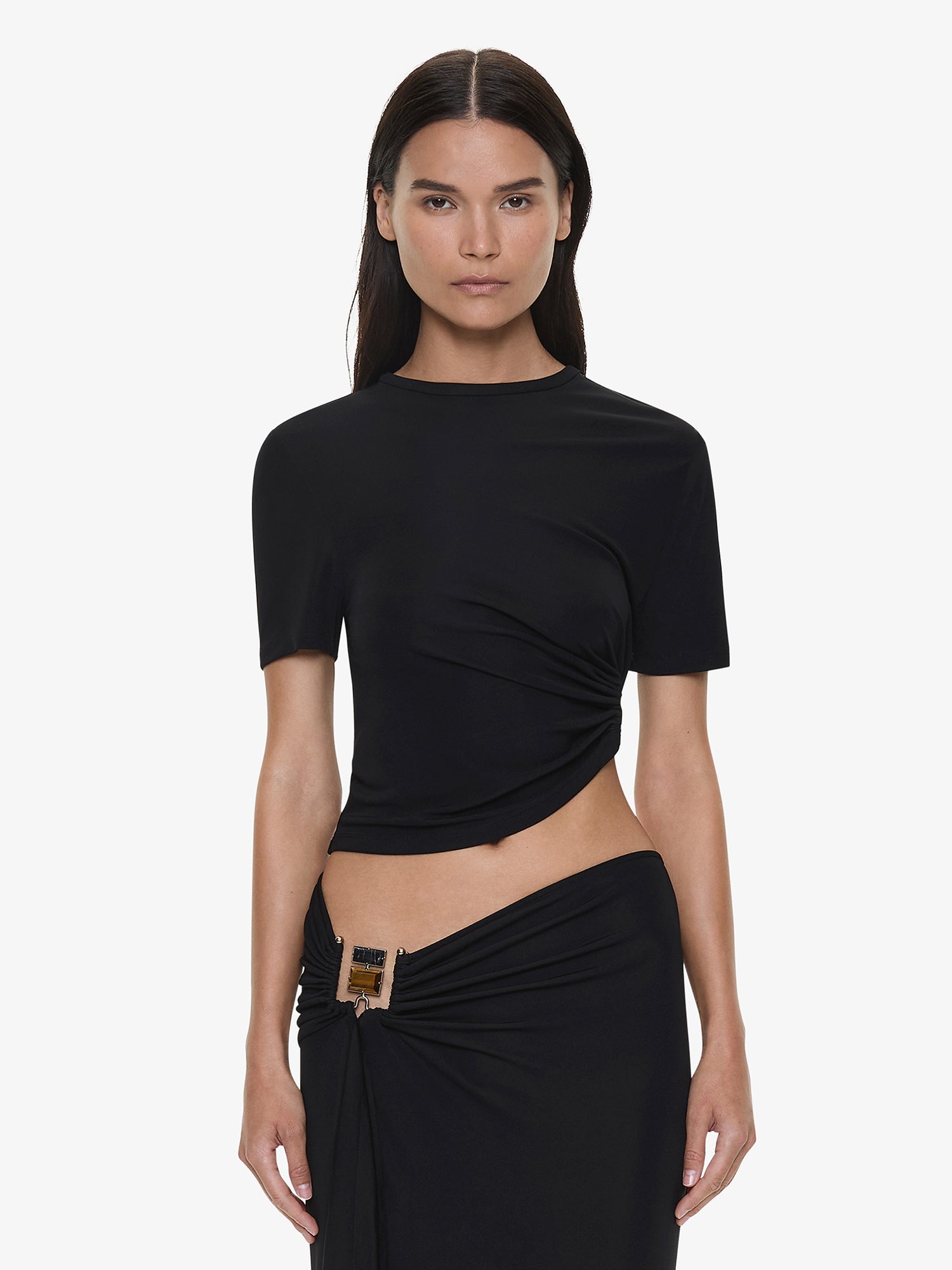 Image of T-Shirts. Productname: Bezel Quartz Ruched Tee in Black colour by brand - CHRISTOPHER ESBER