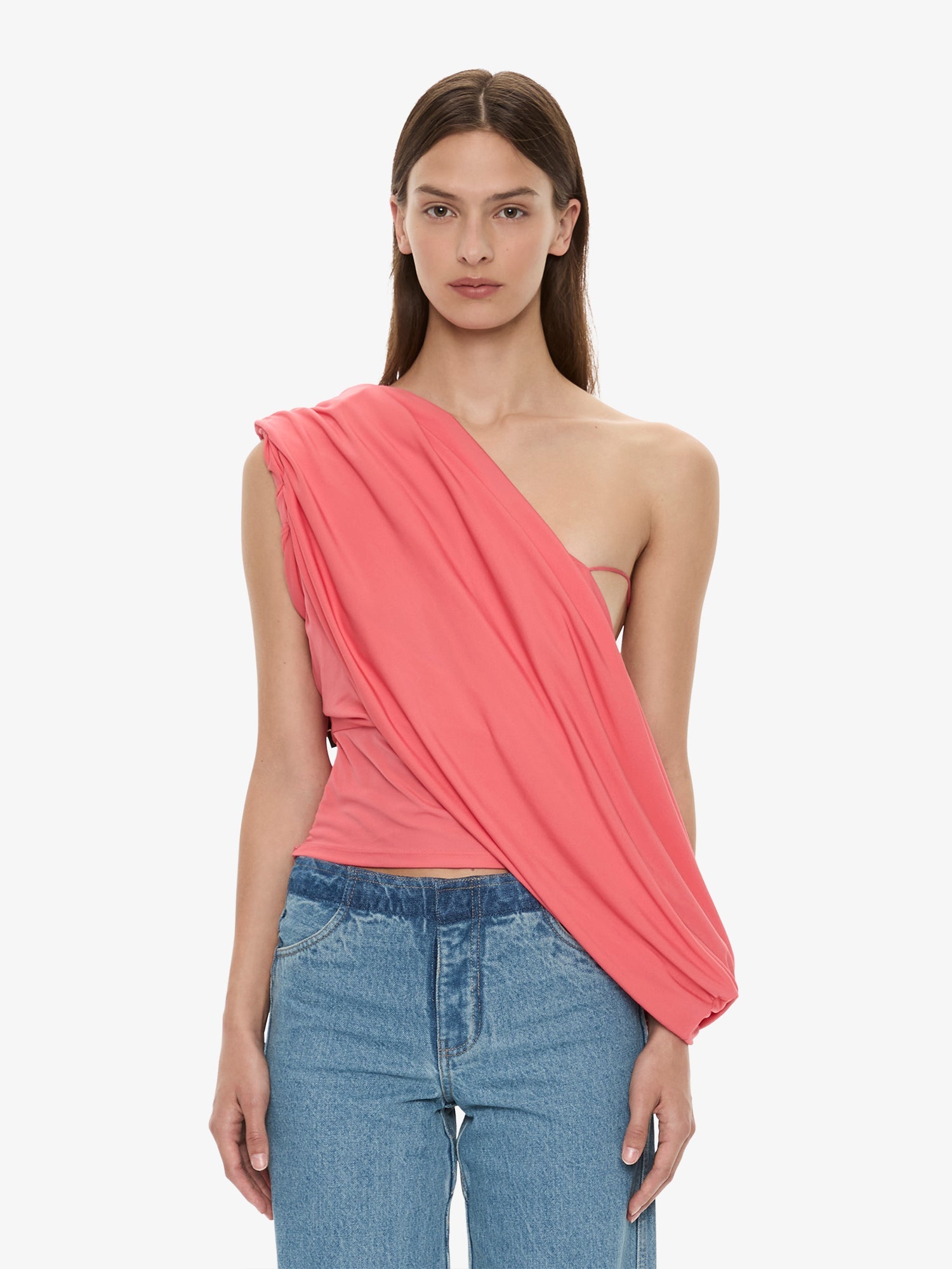 Image of a model wearing Tops. Product name - Aiba Draped Jersey Tee in Watermelon colour by brand - CHRISTOPHER ESBER