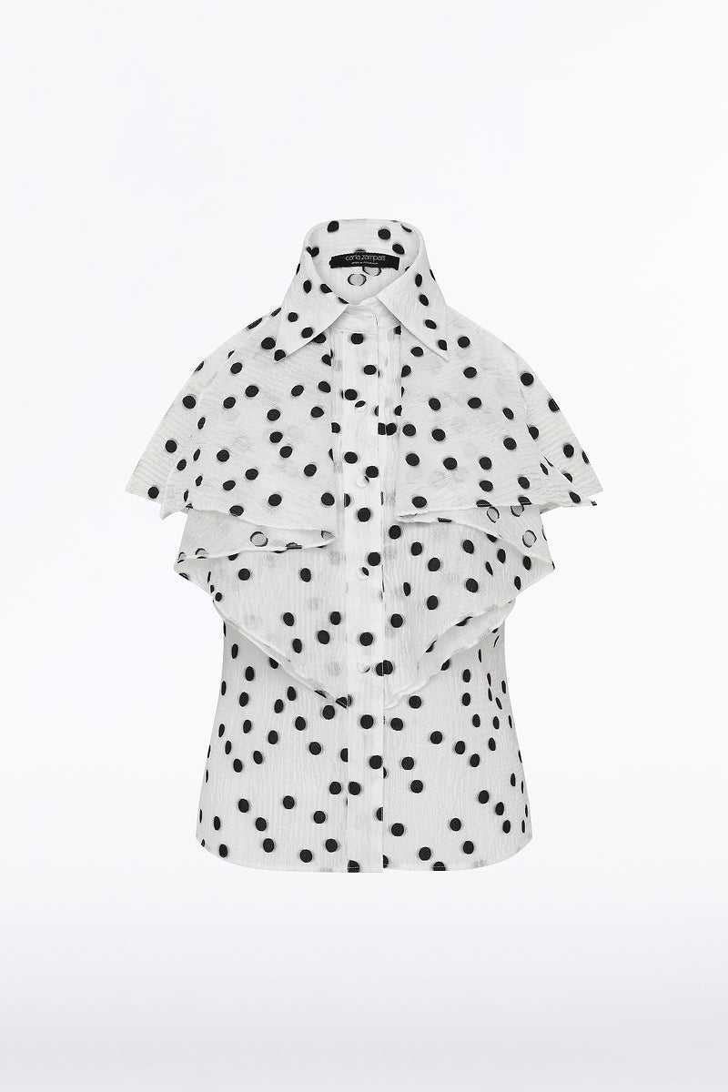 Carla Zampatti And Black Spot Jacquard Sleeveless Ruffle Blouse (White)