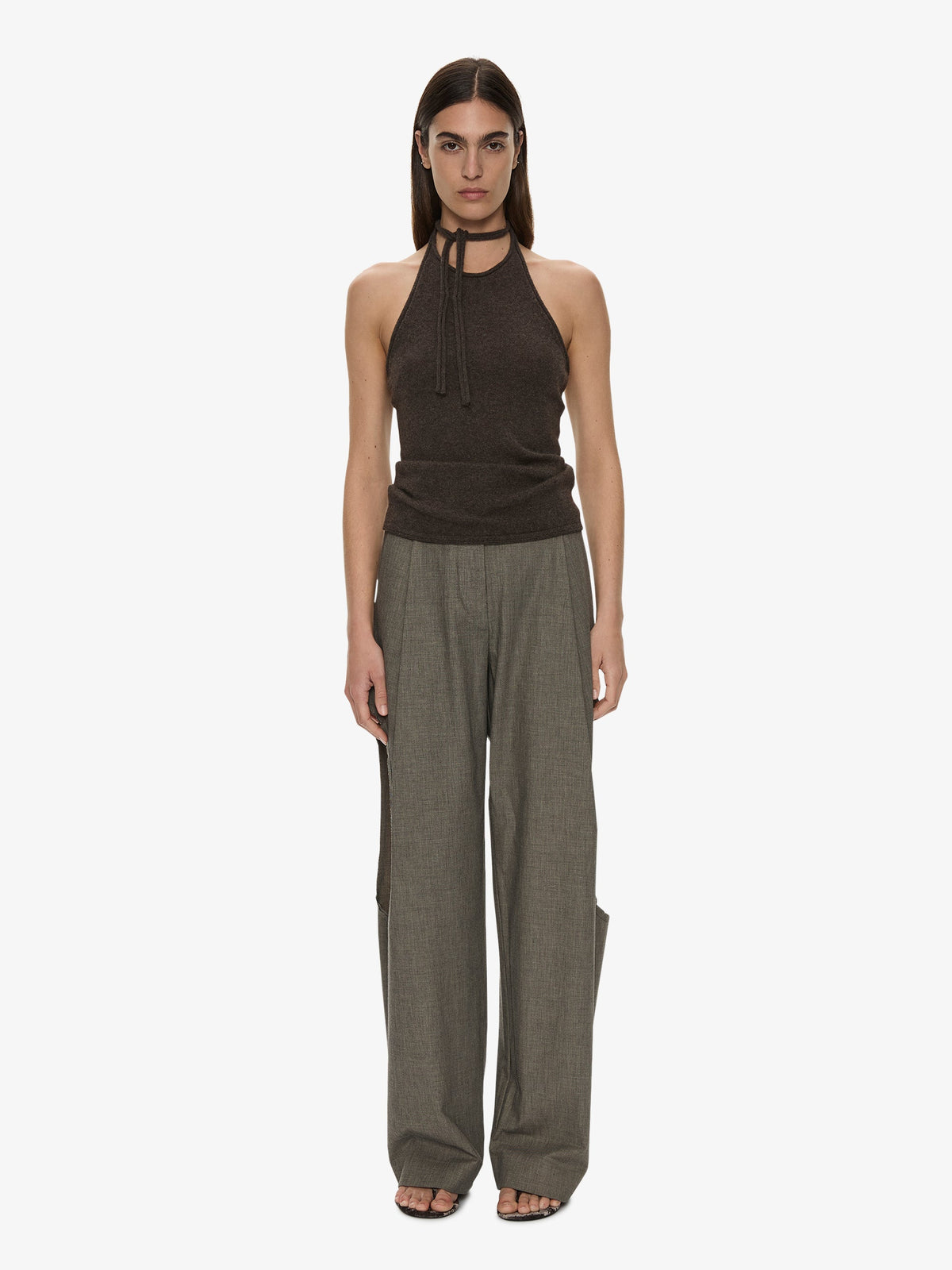Image of a model wearing Tops. Product name - Cashmere Rae Halter Tank in Umber colour by brand - CHRISTOPHER ESBER