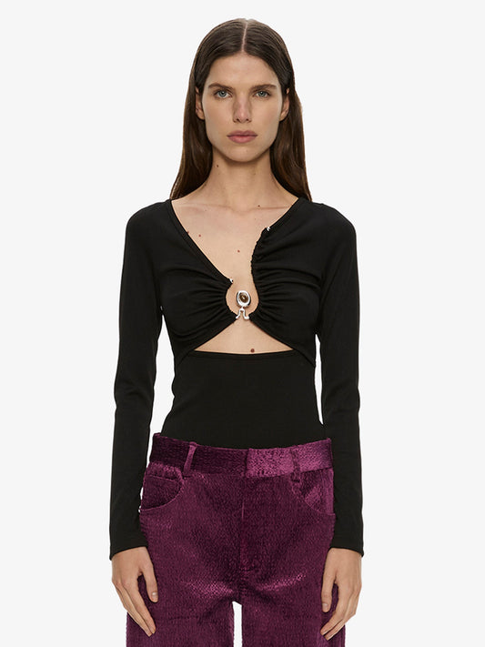 Image of a model wearing Tops. Product name - Diverge Droplet Long Sleeve Top in Black colour by brand - CHRISTOPHER ESBER