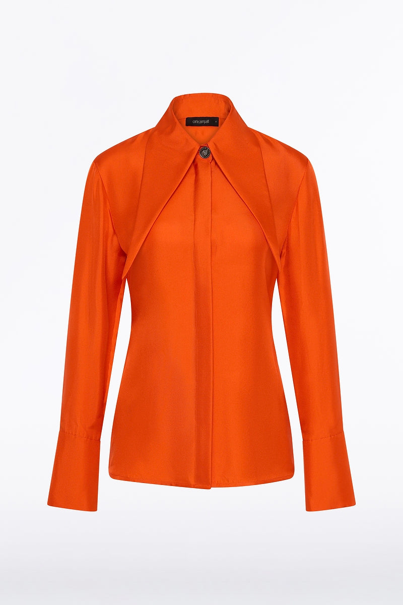 Carla Zampatti Tangerine Silk Twill Long Collar Shirt (Orange)