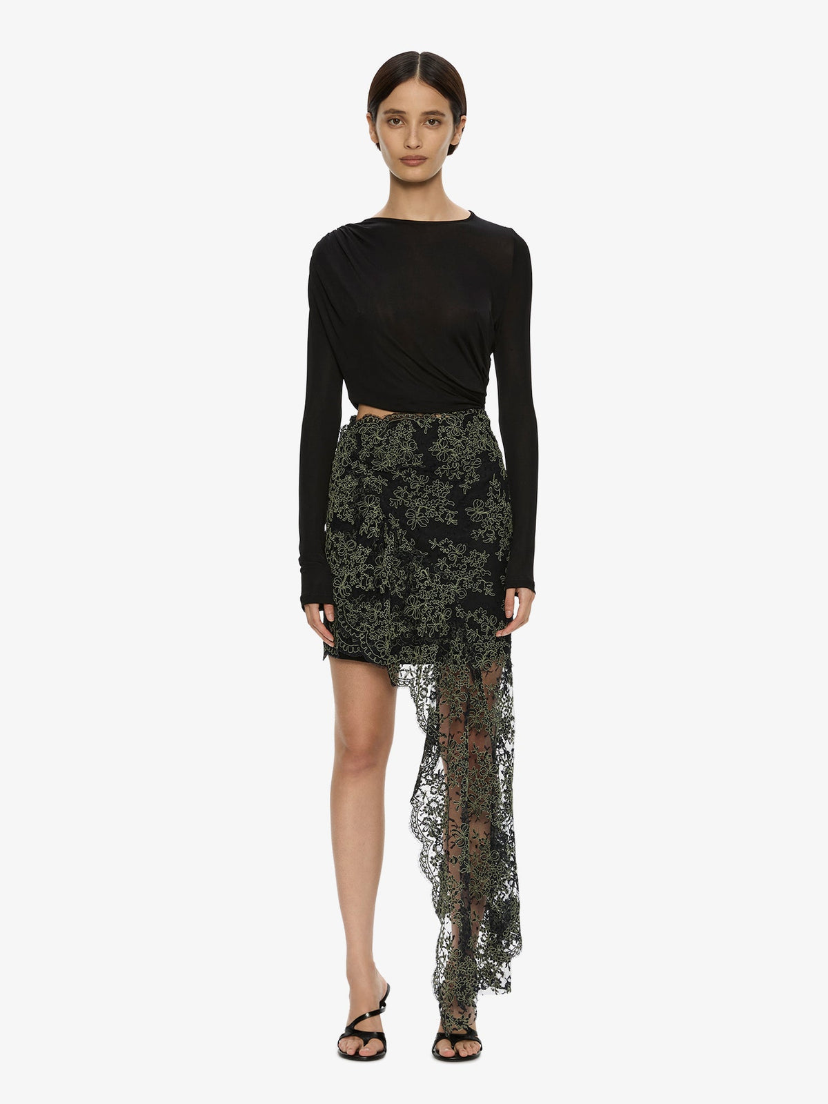 Image of Dresses. Product name - Verve Twisted Tee Lace Long Sleeve Dress in Black colour by brand - CHRISTOPHER ESBER