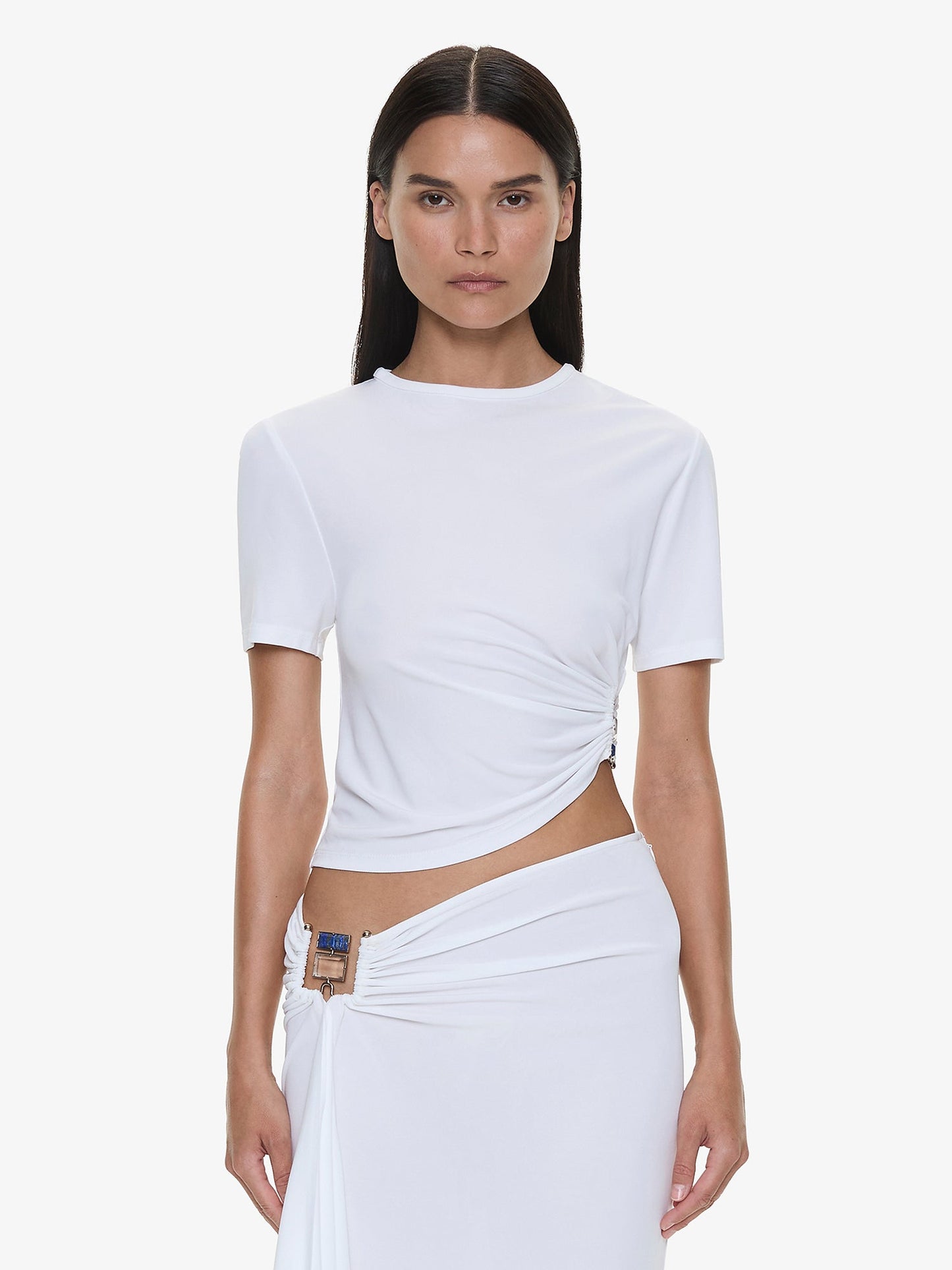 Image of T-Shirts. Productname: Bezel Quartz Ruched Tee in White colour by brand - CHRISTOPHER ESBER