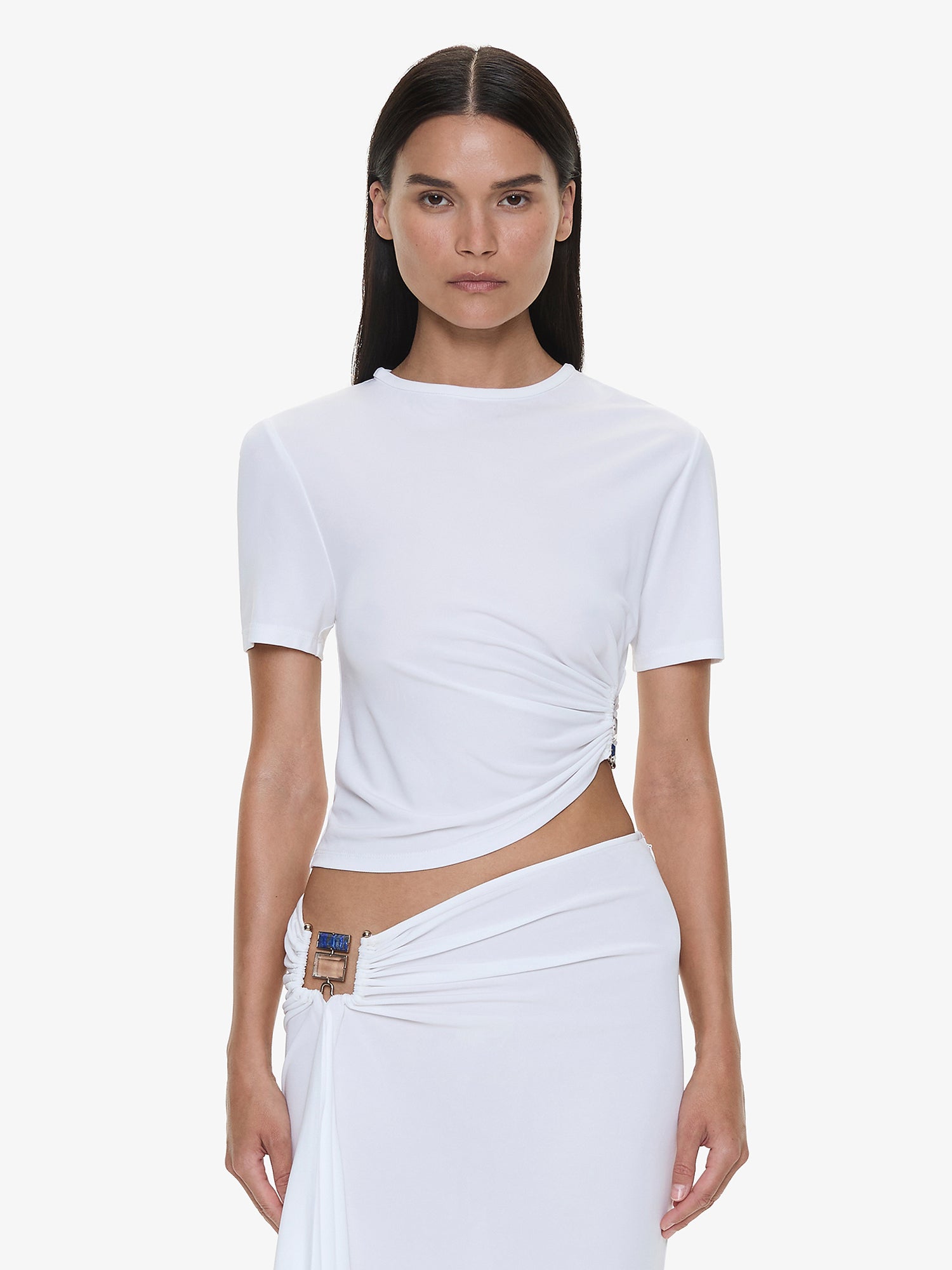 Image of T-Shirts. Productname: Bezel Quartz Ruched Tee in White colour by brand - CHRISTOPHER ESBER