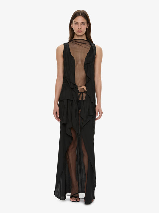 Image of a model wearing Skirts. Product name - Kacere Towel Drape Column Skirt in Black colour by brand - CHRISTOPHER ESBER