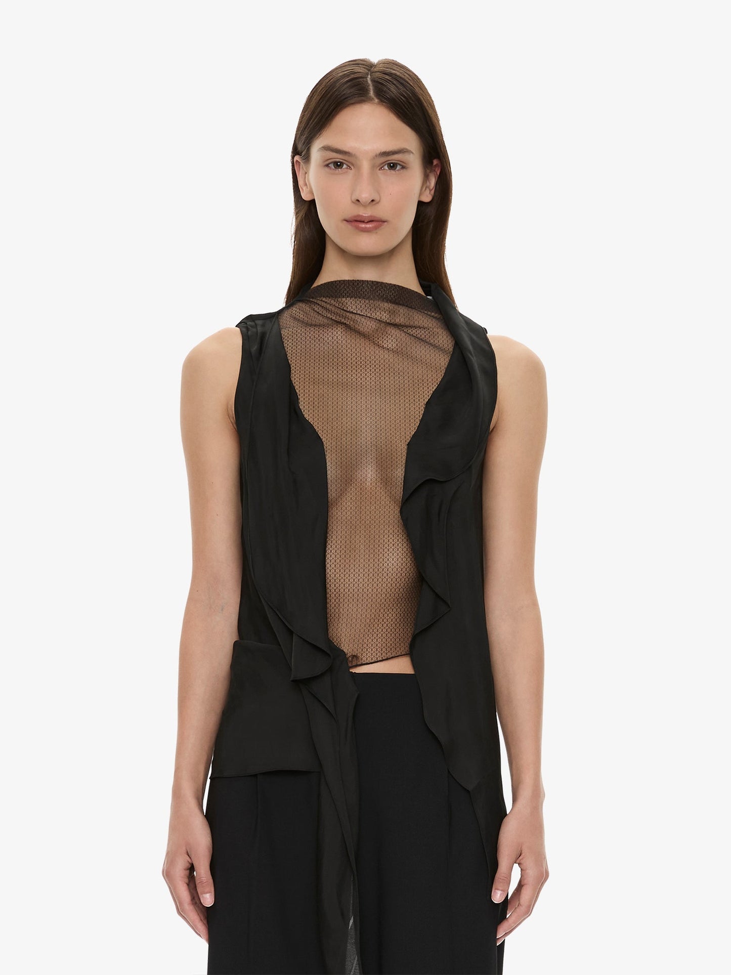 Image of a model wearing Tops. Product name - Kacere Draped Top in Black colour by brand - CHRISTOPHER ESBER