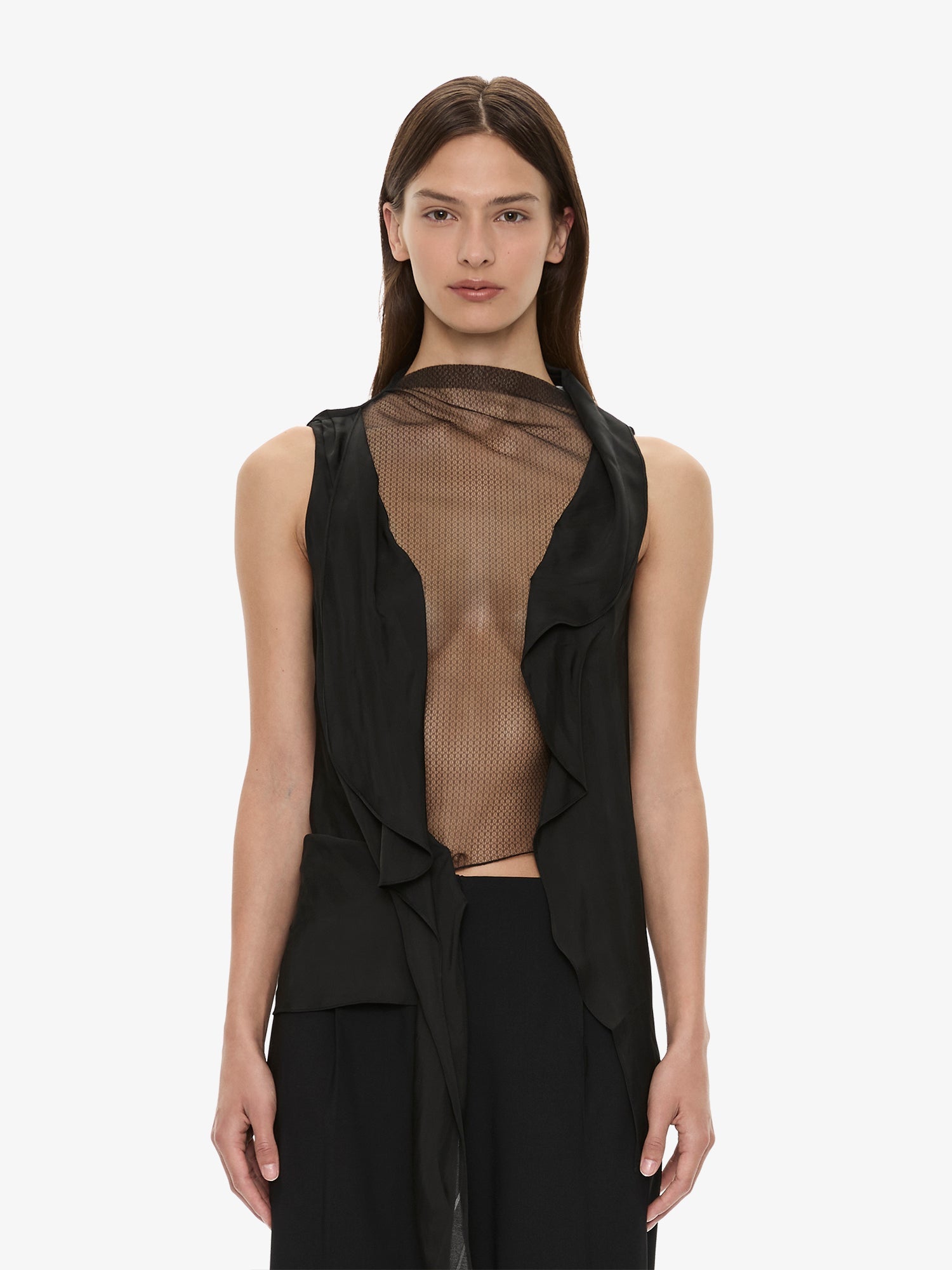 Image of a model wearing Tops. Product name - Kacere Draped Top in Black colour by brand - CHRISTOPHER ESBER