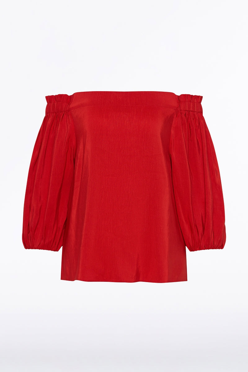 Carla Zampatti Crimson Linen Blend Off-Shoulder Top (Red)